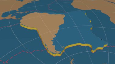 Güney Amerika tektonik plakası genişletildi, genişletildi ve sadece küresel şekillerin güneyine doğru döndürüldü - Azimuthal Equidistance projeksiyonunda karadan / okyanus maskesi ile kaplanmış plakaların kenarları. 3B görüntüleme