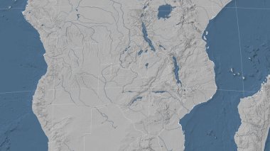 Zambiya ve mahallesi. Uzak eğimli perspektif - özet yok. Gri tonlama yükseklik haritası