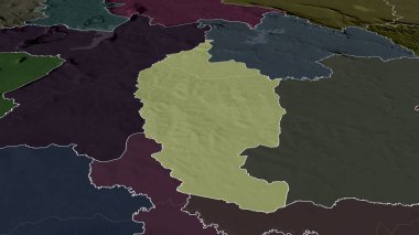 Maha Sarakham - Tayland ili yakınlaştırıldı ve altı çizildi. İdari bölümün renkli ve çarpık haritası. 3B görüntüleme