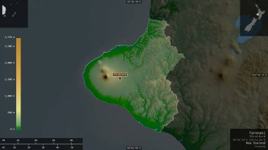Taranaki, Yeni Zelanda bölge konseyi. Gölleri ve nehirleri olan renkli gölge verileri. Ülke alanına karşı bilgilendirici örtülerle sunulan şekil. 3B görüntüleme