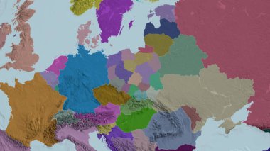 Polonya yakınlaştı ve yakınlaştı. İdari bölümün renkli ve çarpık haritası. 3B görüntüleme