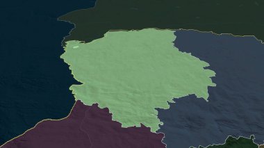 Volyn - Ukrayna bölgesi yakınlaştırıldı ve altı çizildi. İdari bölümün renkli ve çarpık haritası. 3B görüntüleme