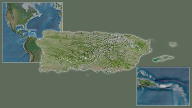 Porto Riko 'ya ve bölgedeki konumuna ve büyük ölçekli bir dünya haritasının merkezine yakın çekim. Uydu görüntüleri