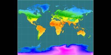 Miller silindirik projeksiyonundaki dünya haritası 11 Doğu boylamı üzerine kuruludur. Yıllık ortalama sıcaklık haritası. Raster 'ın ham bileşimi. 3B illüstrasyon