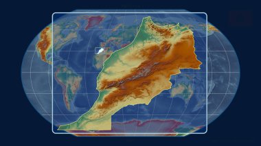 Kavrayskiy projeksiyonundaki küresel bir haritaya karşı perspektif çizgileriyle Fas 'a yakınlaştırılmış görünüm. Şekil merkezli. topografik yardım haritası