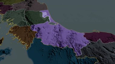 Songkhla - Tayland vilayeti yakınlaştırıldı ve altı çizildi. İdari bölümün renkli ve çarpık haritası. 3B görüntüleme