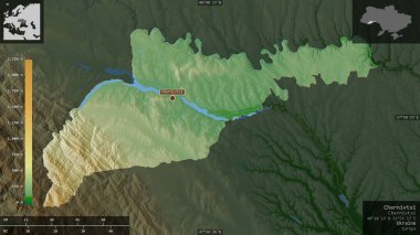 Chernivtsi, region of Ukraine. Colored shader data with lakes and rivers. Shape presented against its country area with informative overlays. 3D rendering clipart