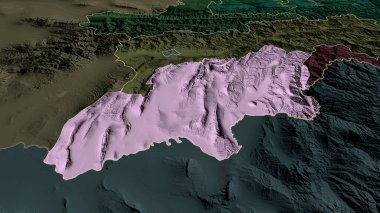 Khatlon - Tacikistan bölgesi yakınlaştırıldı ve altı çizildi. İdari bölümün renkli ve çarpık haritası. 3B görüntüleme