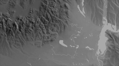 Buzau, Romanya Bölgesi. Gölleri ve nehirleri olan gri tonlu bir harita. Ülke alanına göre şekillendirilmiş. 3B görüntüleme