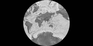 Lambert-Lagrange projeksiyonundaki dünya haritası 90 Doğu boylamı üzerine kuruludur. Çift katmanlı topoğrafik harita. Raster 'ın ham kompozitosu. 3B illüstrasyon
