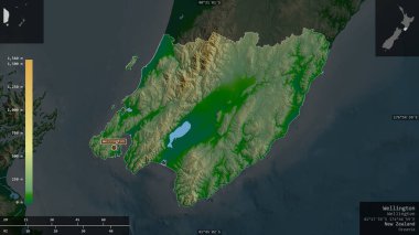 Wellington, Yeni Zelanda bölge konseyi. Gölleri ve nehirleri olan renkli gölge verileri. Ülke alanına karşı bilgilendirici örtülerle sunulan şekil. 3B görüntüleme