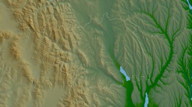 Bacau, Romanya Bölgesi. Gölleri ve nehirleri olan renkli gölge verileri. Ülke alanına göre şekillendirilmiş. 3B görüntüleme