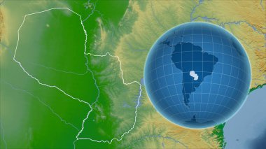 Paraguay. Zoom haritasına karşı ülkenin şekline sahip bir dünya. renk fiziksel haritası