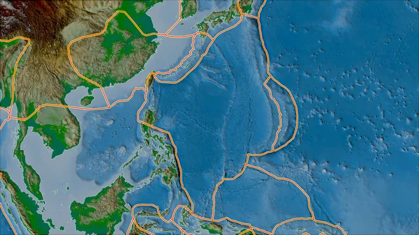 フィリピン海プレートエリアに隣接する地域の物理的地図上の構造プレートの境界 ヴァン グリンテンI予測 斜めの変換 — ストック写真