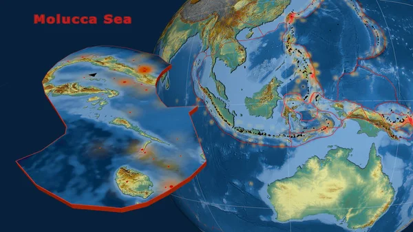 Молуккская Тектоническая Плита Описана Экструдирована Представлена Земном Шаре Топографическая Карта — стоковое фото