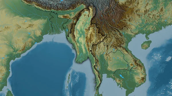 Myanmar area on the topographic relief map in the stereographic projection - raw composition of raster layers with dark glowing outline