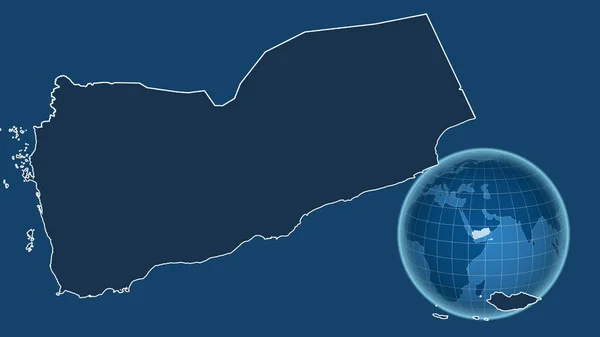 Jemen Globe Tvarem Země Proti Zvětšené Mapě Obrysem Izolovaným Modrém — Stock fotografie