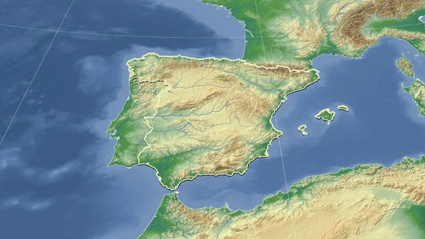 Španělsko Jeho Okolí Vzdálená Šikmá Perspektiva Obrys Barevná Fyzická Mapa — Stock fotografie