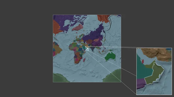 从世界大比例尺地图中提取出的阿曼扩大和扩大的地区 其主要线连接了框架的各个角落 行政区划的彩色地图 — 图库照片