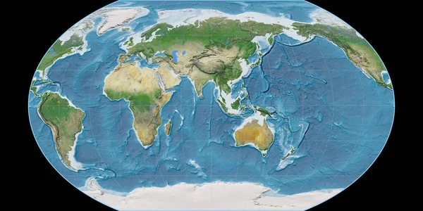 Kavraisky七世投影中的世界地图以东经90度为中心 卫星图像A 具有满足感的光栅的原始复合材料 3D插图 — 图库照片