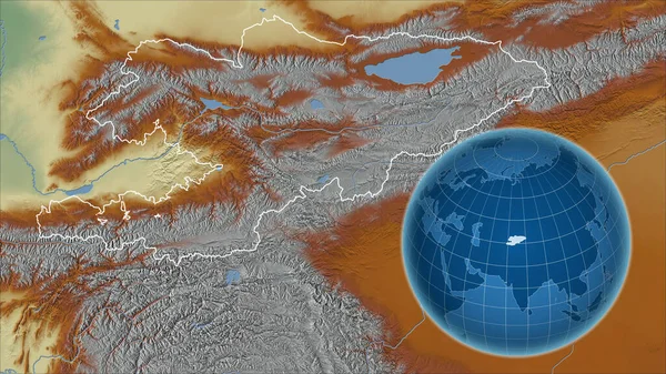 Kirghizistan Globo Con Forma Del Paese Contro Mappa Ingrandita Con — Foto Stock