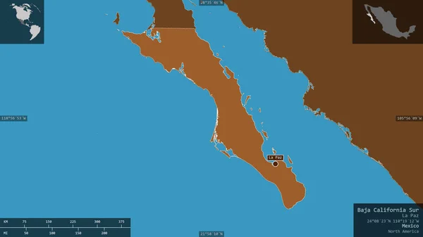 Baja California Sur, state of Mexico. Patterned solids with lakes and rivers. Shape presented against its country area with informative overlays. 3D rendering