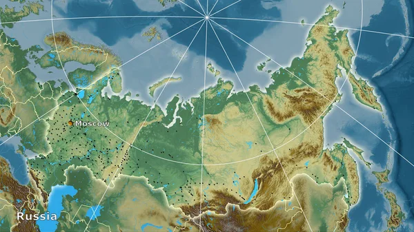 Russia area on the topographic relief map in the stereographic projection - main composition