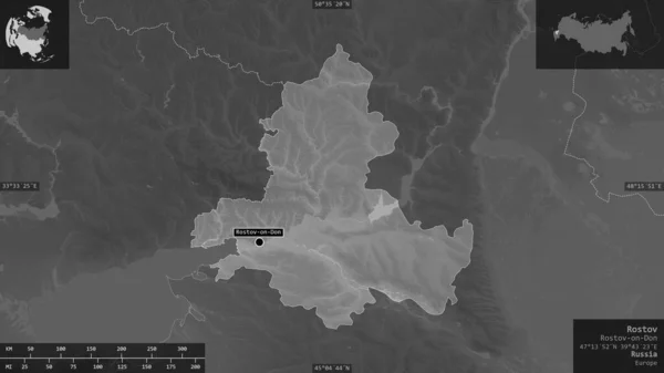 Rostov, region of Russia. Grayscaled map with lakes and rivers. Shape presented against its country area with informative overlays. 3D rendering