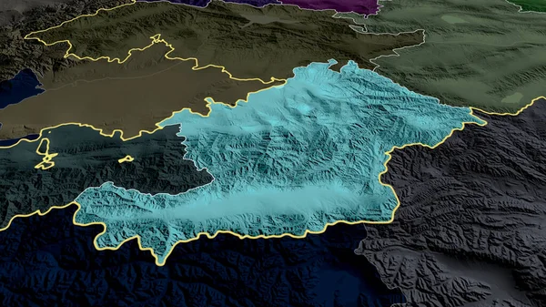 オシュ キルギスの州が拡大し 強調した 行政区画の色と衝突した地図 3Dレンダリング — ストック写真