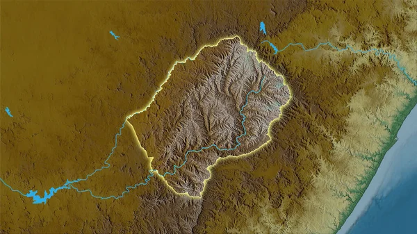 Lesotho area on the topographic relief map in the stereographic projection - raw composition of raster layers with light glowing outline