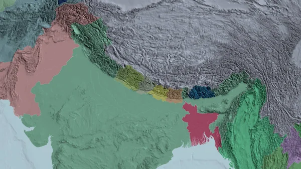 Nepal zoomed and neighborhood. Colored and bumped map of the administrative division. 3D rendering