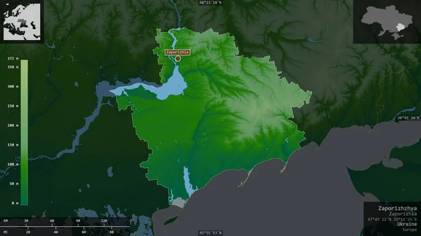 Zaporoże Obwód Ukraiński Kolorowe Dane Zacienienia Jeziorami Rzekami Kształt Przedstawiony — Zdjęcie stockowe