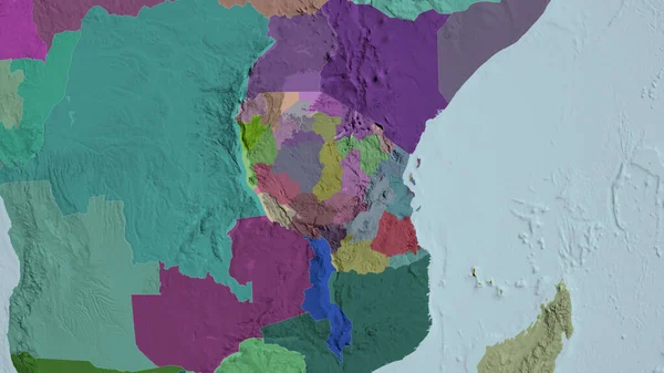Tanzania Zoomed Barrio Mapa Coloreado Tocado División Administrativa Renderizado — Foto de Stock