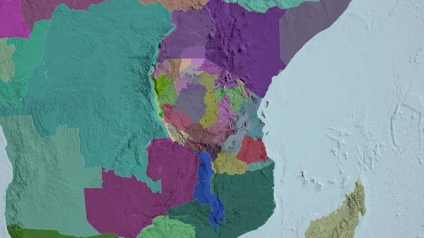 Tanzania zoomed and neighborhood. Colored and bumped map of the administrative division. 3D rendering