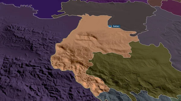 Macvanski Distrito Serbia Zoomed Destacó Con Capital Mapa Coloreado Tocado — Foto de Stock