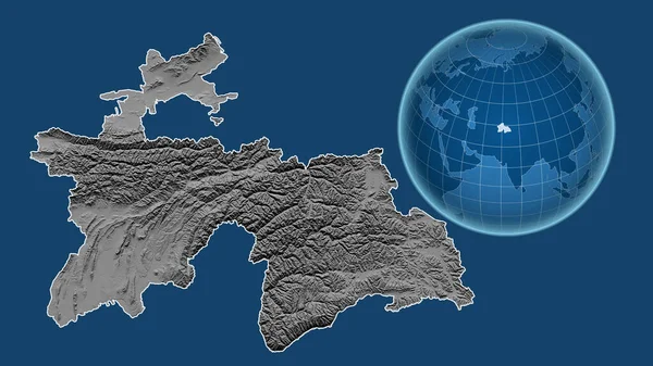 Tadschikistan Globus Mit Der Form Des Landes Gegen Gezoomte Landkarte — Stockfoto