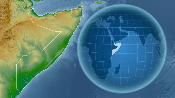Somalia Globus Mit Der Form Des Landes Gegen Vergrößerte Landkarte — Stockfoto