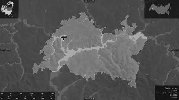 Tatarstan, republic of Russia. Grayscaled map with lakes and rivers. Shape presented against its country area with informative overlays. 3D rendering