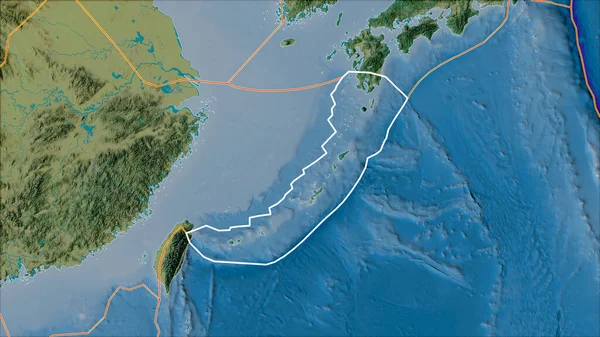 Piastra Tettonica Okinawa Delineata Bordi Delle Placche Adiacenti Sulla Mappa — Foto Stock