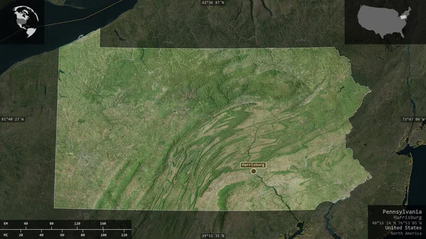 Pensilvânia Estados Unidos Imagens Satélite Forma Apresentada Contra Sua Área — Fotografia de Stock