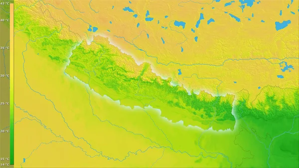 尼泊尔地区内具有图例的立体投影的年平均温度变化 具有发光轮廓的光栅层的原始成分 — 图库照片