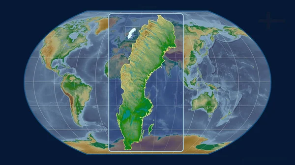 Zoomed Widok Szwecji Zarys Linii Perspektywy Wobec Globalnej Mapy Projekcji — Zdjęcie stockowe