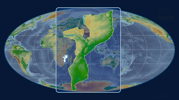 Přiblížený Pohled Mosambický Obrys Perspektivními Liniemi Proti Globální Mapě Mollweidově — Stock fotografie