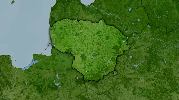 衛星Bマップ上のリトアニア領域の立体投影 暗い輝線アウトラインを持つラスター層の生の組成 — ストック写真