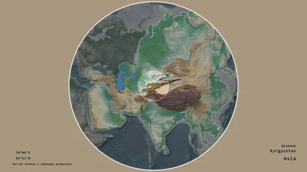 Kirgizisztán Területe Amelyet Egy Kör Jelöl Kontinens Nagyméretű Térképén Elszigetelve — Stock Fotó