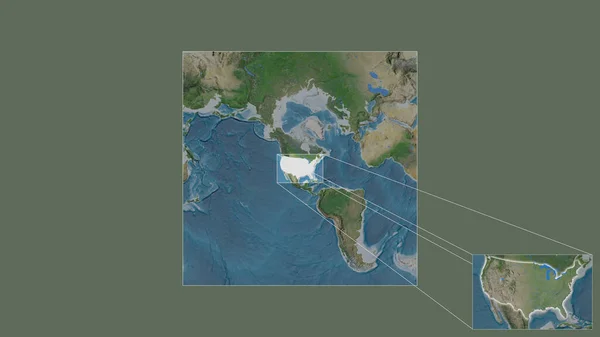 フレームの隅を結ぶ主要線で世界の大規模な地図から抽出された米国の拡大および拡大領域 衛星画像 — ストック写真
