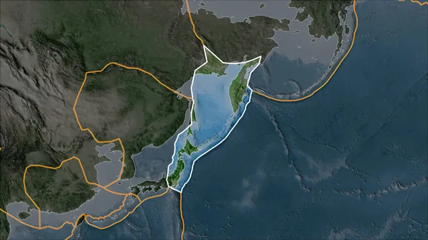 Umrissene Tektonische Platte Von Okhotsk Auf Der Satellitenkarte Eine Karte — Stockfoto