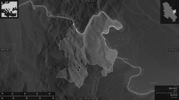 Borski Okręg Serbii Mapa Szarości Jeziorami Rzekami Kształt Przedstawiony Swoim — Zdjęcie stockowe