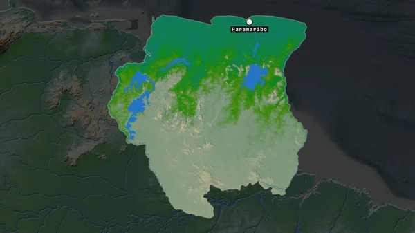 Area Evidenziata Del Suriname Con Punto Capitale Etichetta Sulla Mappa — Foto Stock