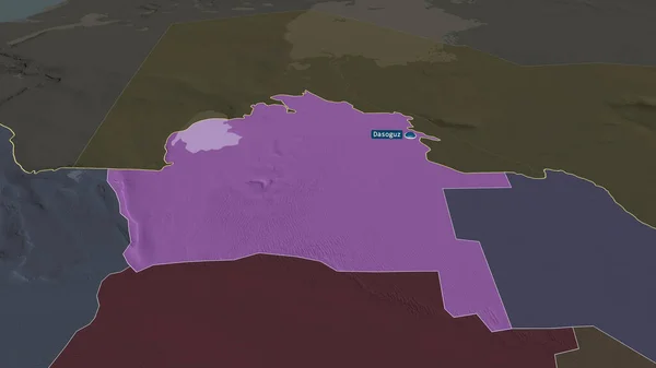 Tashauz - province of Turkmenistan zoomed and highlighted with capital. Colored and bumped map of the administrative division. 3D rendering